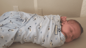 Small infant in a blue swaddle laying in a bassinet on their back, asleep.