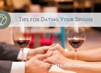 a couples hands clasped over two glasses of wine. title reads tips for dating your spouse.