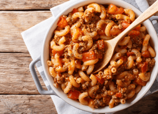 Easy one pot goulash in a casserole dish