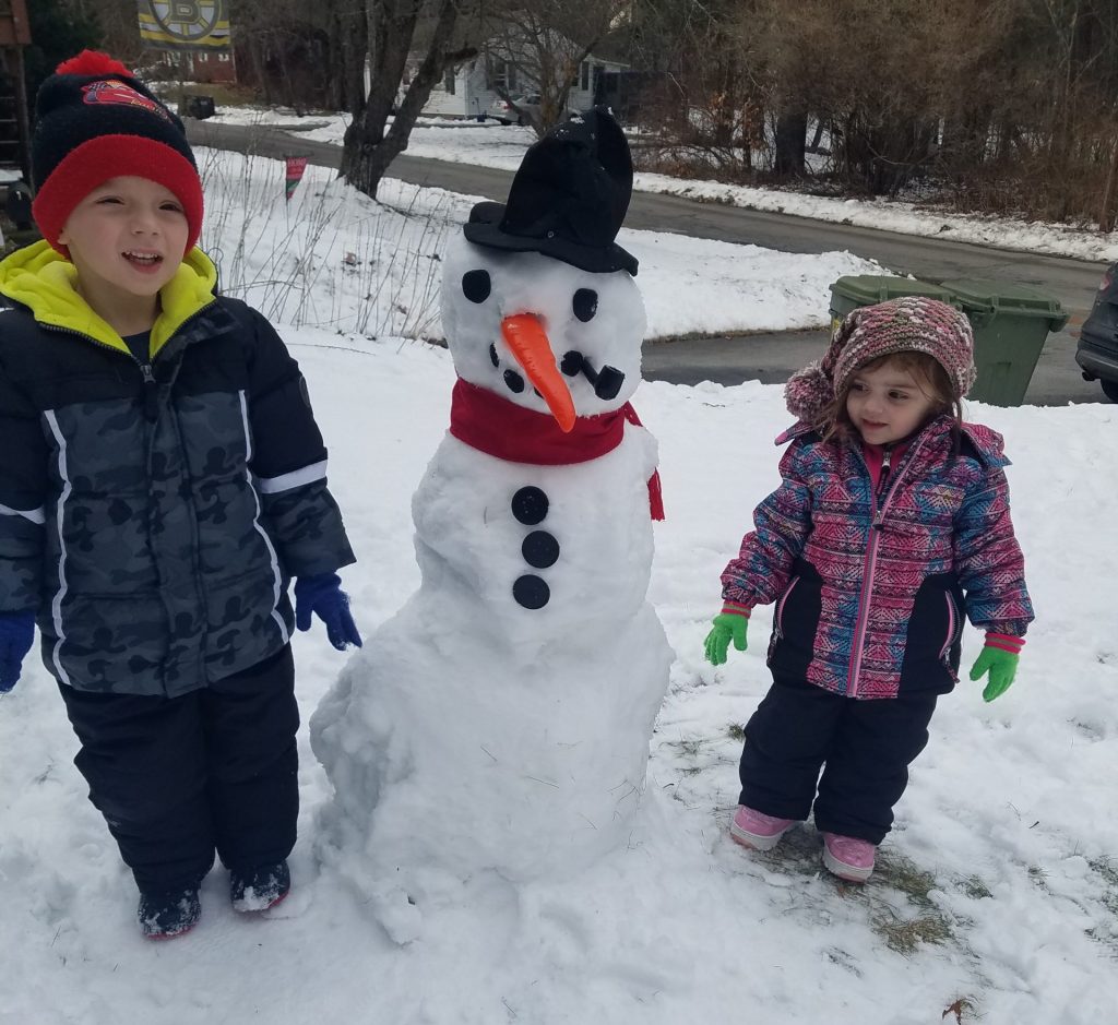 kids building a snowman on a perfect snow day