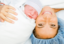 mom with baby during a gentle c-section